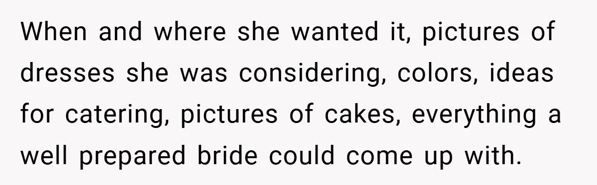 When and where she wanted it, pictures of dresses she was considering, colors, ideas for catering, pictures of cakes, everything a well prepared bride could come up with.