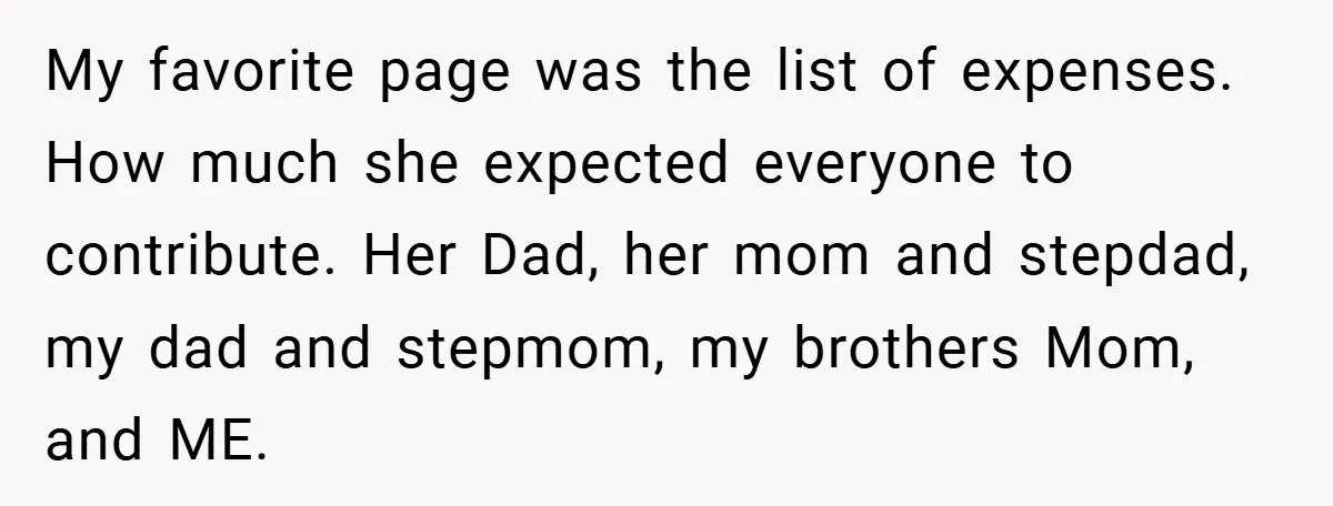 My favorite page was the list of expenses. How much she expected everyone to contribute. Her Dad, her mom and stepdad, my dad and stepmom, my brothers Mom, and ME.