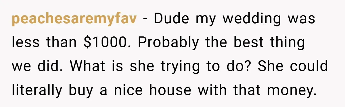 peachesaremyfav − Dude my wedding was less than $1000. Probably the best thing we did. What is she trying to do? She could literally buy a nice house with that...