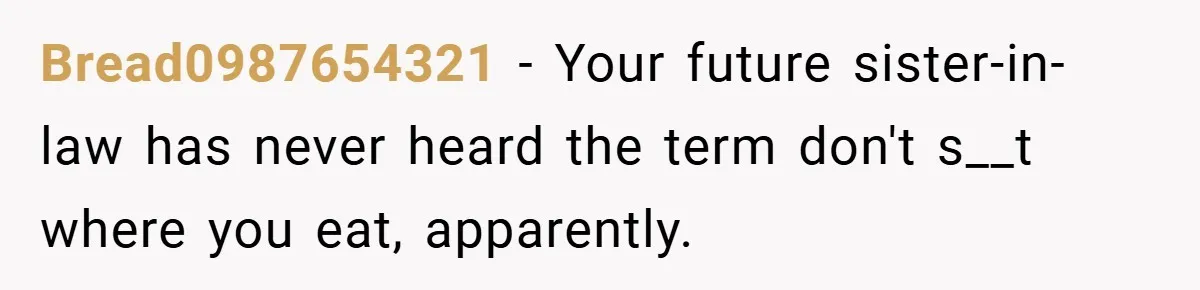 Bread0987654321 − Your future sister-in-law has never heard the term don't s__t where you eat, apparently.