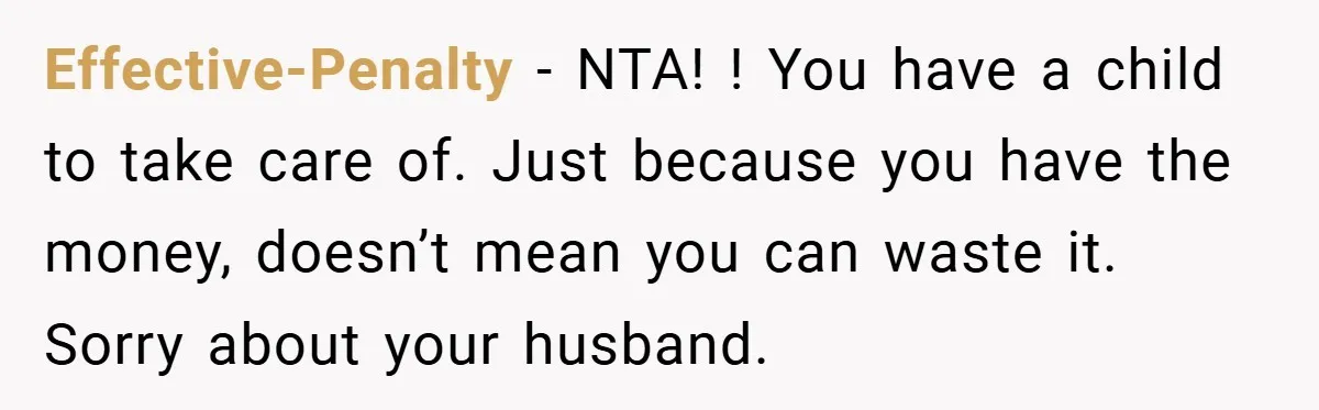 Effective-Penalty − NTA! ! You have a child to take care of. Just because you have the money, doesn’t mean you can waste it. Sorry about your husband.