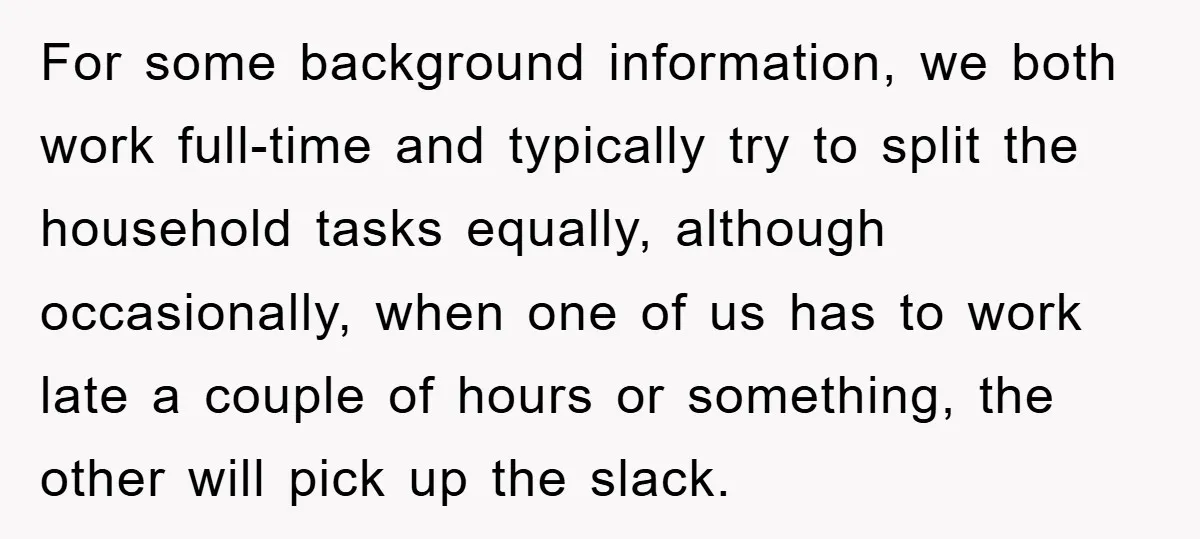 For some background information, we both work full-time and typically try to split the household tasks equally, although occasionally, when one of us has to work late a couple of...