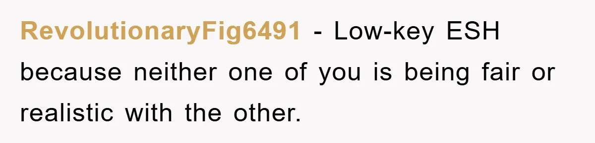 RevolutionaryFig6491 − Low-key ESH because neither one of you is being fair or realistic with the other.