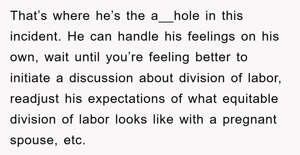 That’s where he’s the a__hole in this incident. He can handle his feelings on his own, wait until you’re feeling better to initiate a discussion about division of labor, readjust...