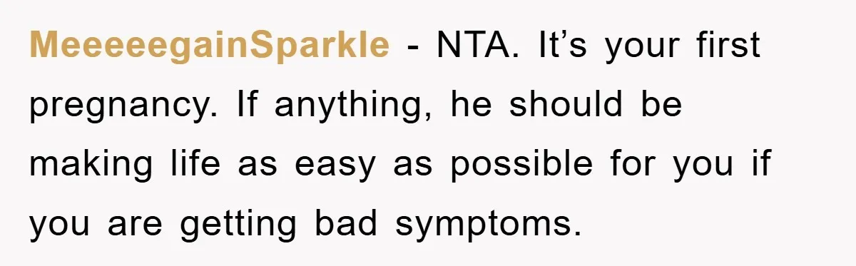 MeeeeegainSparkle − NTA. It’s your first pregnancy. If anything, he should be making life as easy as possible for you if you are getting bad symptoms.