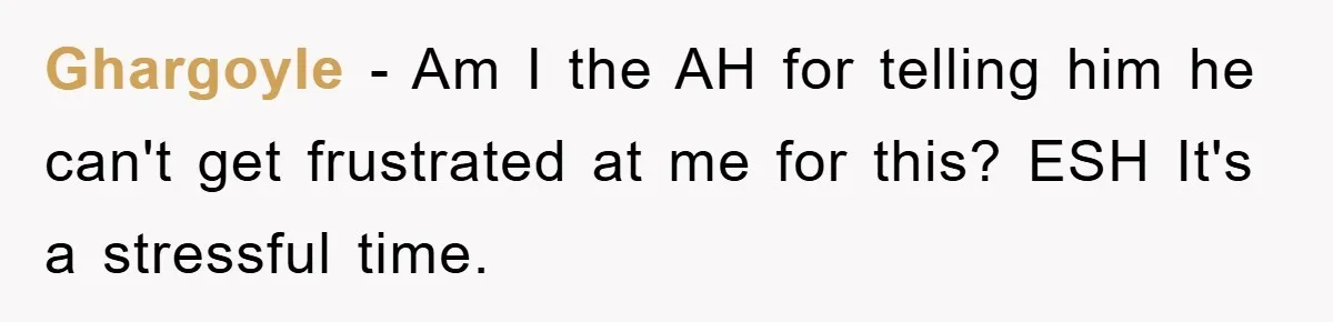 Ghargoyle − Am I the AH for telling him he can't get frustrated at me for this? ESH It's a stressful time.