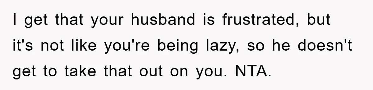 I get that your husband is frustrated, but it's not like you're being lazy, so he doesn't get to take that out on you. NTA.