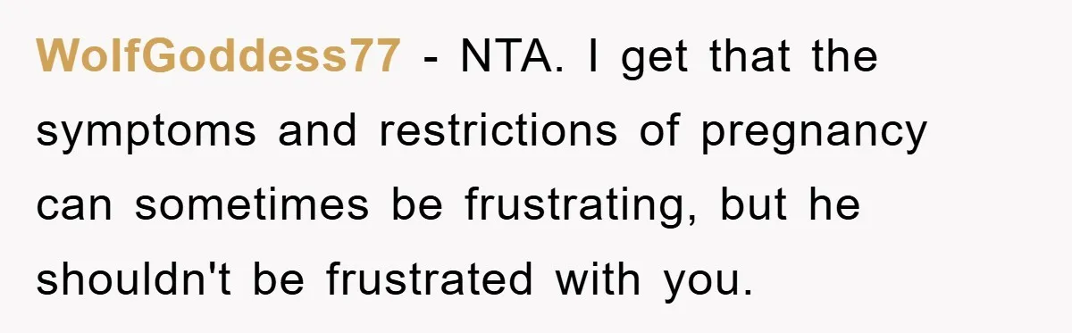 WolfGoddess77 − NTA. I get that the symptoms and restrictions of pregnancy can sometimes be frustrating, but he shouldn't be frustrated with you.