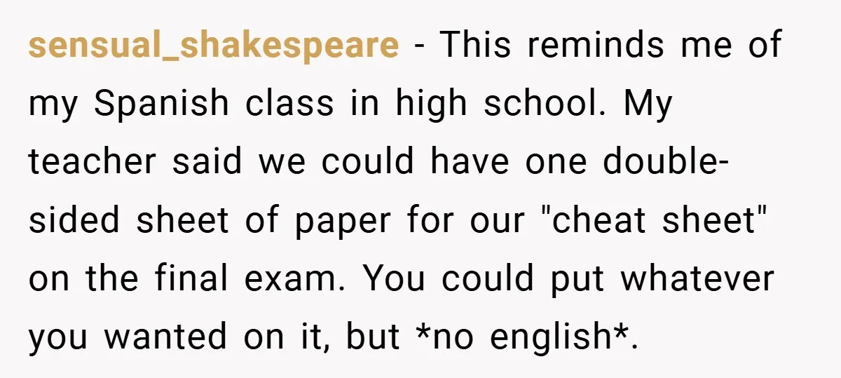 sensual_shakespeare − This reminds me of my Spanish class in high school. My teacher said we could have one double-sided sheet of paper for our "cheat sheet" on the final...