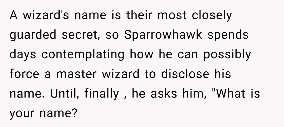A wizard's name is their most closely guarded secret, so Sparrowhawk spends days contemplating how he can possibly force a master wizard to disclose his name. Until, finally , he...