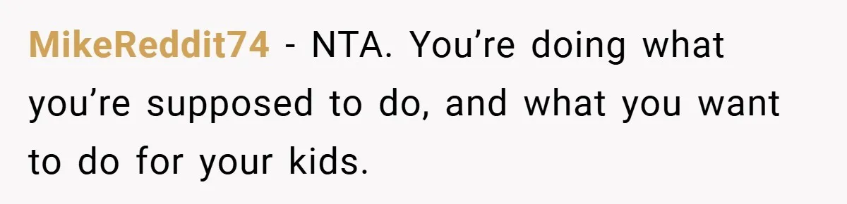 MikeReddit74 − NTA. You’re doing what you’re supposed to do, and what you want to do for your kids.
