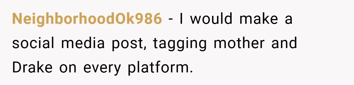 NeighborhoodOk986 − I would make a social media post, tagging mother and Drake on every platform.