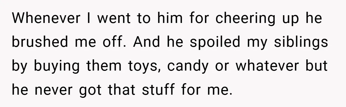 Whenever I went to him for cheering up he brushed me off. And he spoiled my siblings by buying them toys, candy or whatever but he never got that stuff...