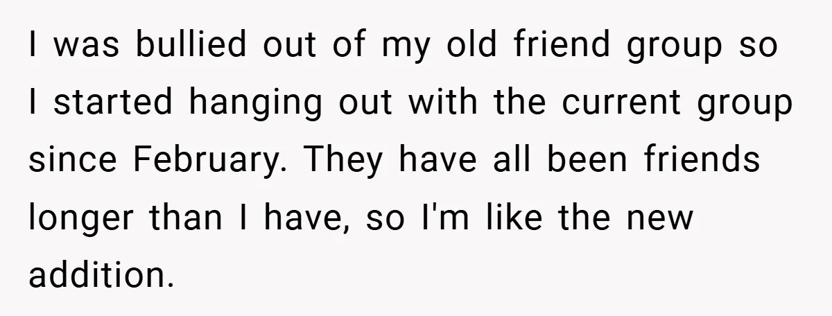 I was bullied out of my old friend group so I started hanging out with the current group since February. They have all been friends longer than I have, so...