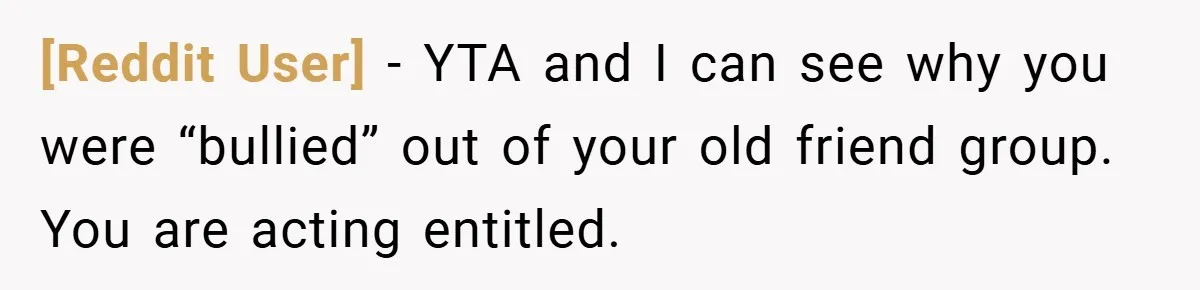 [Reddit User] − YTA and I can see why you were “bullied” out of your old friend group. You are acting entitled.