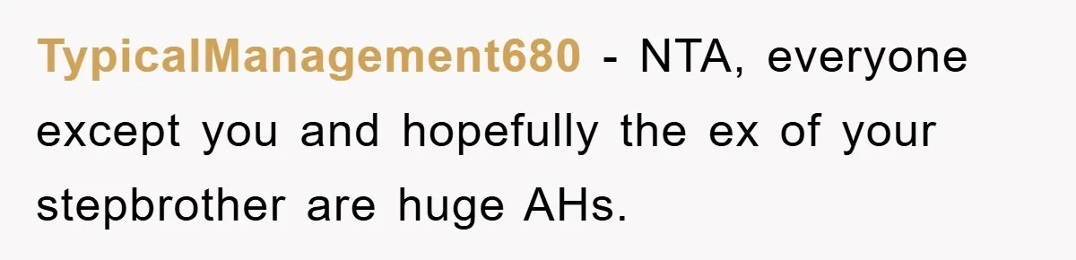 TypicalManagement680 − NTA, everyone except you and hopefully the ex of your stepbrother are huge AHs.