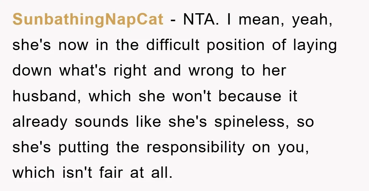 SunbathingNapCat − NTA. I mean, yeah, she's now in the difficult position of laying down what's right and wrong to her husband, which she won't because it already sounds like...