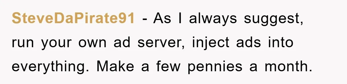 SteveDaPirate91 − As I always suggest, run your own ad server, inject ads into everything. Make a few pennies a month.