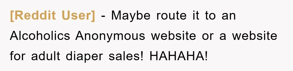 [Reddit User] − Maybe route it to an Alcoholics Anonymous website or a website for adult diaper sales! HAHAHA!