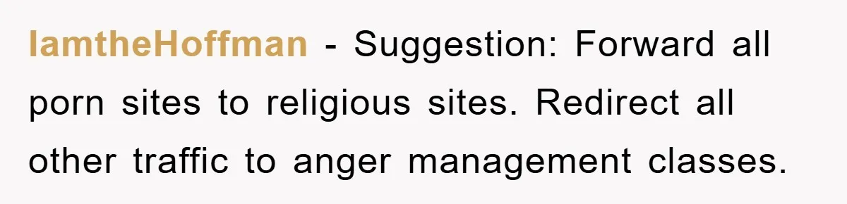 IamtheHoffman − Suggestion: Forward all porn sites to religious sites. Redirect all other traffic to anger management classes.