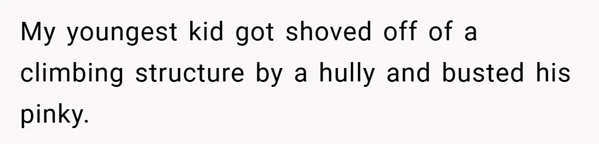 My youngest kid got shoved off of a climbing structure by a hully and busted his pinky.