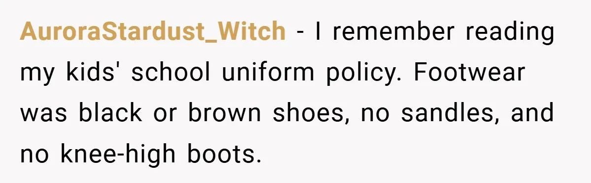 AuroraStardust_Witch − I remember reading my kids' school uniform policy. Footwear was black or brown shoes, no sandles, and no knee-high boots.