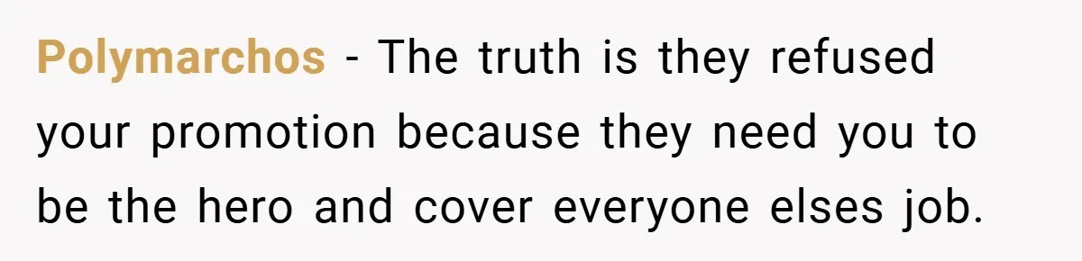 Polymarchos − The truth is they refused your promotion because they need you to be the hero and cover everyone elses job.