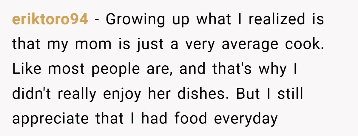 eriktoro94 − Growing up what I realized is that my mom is just a very average cook. Like most people are, and that's why I didn't really enjoy her dishes....