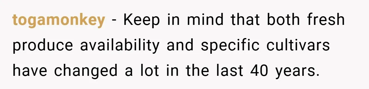 togamonkey − Keep in mind that both fresh produce availability and specific cultivars have changed a lot in the last 40 years.