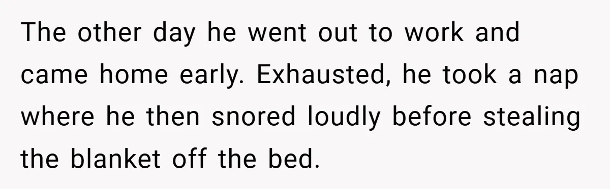 The other day he went out to work and came home early. Exhausted, he took a nap where he then snored loudly before stealing the blanket off the bed.
