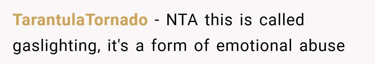 TarantulaTornado − NTA this is called gaslighting, it's a form of emotional abuse