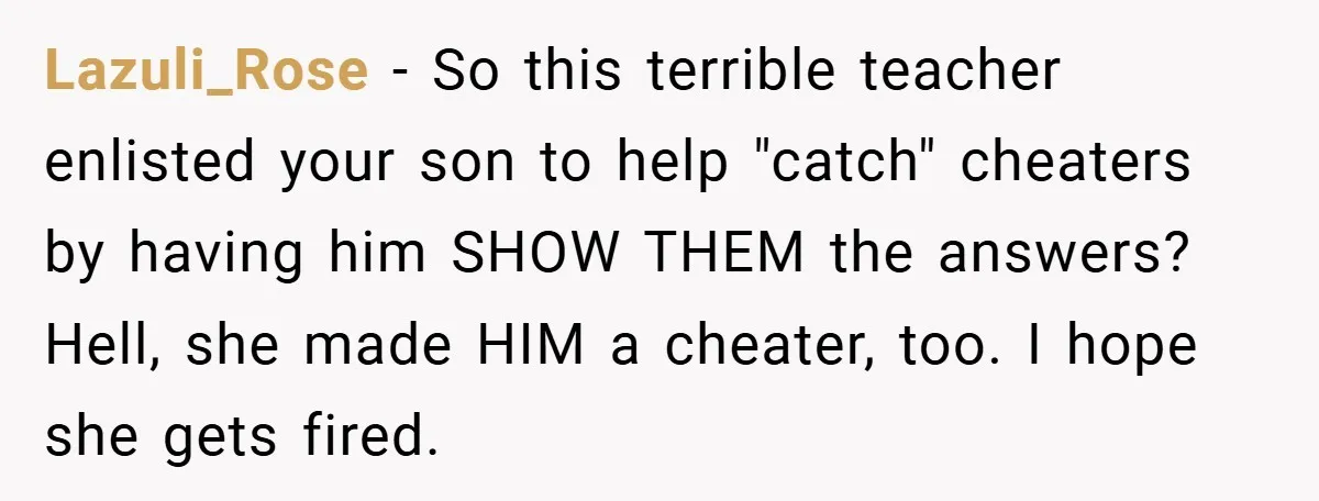 Lazuli_Rose − So this terrible teacher enlisted your son to help "catch" cheaters by having him SHOW THEM the answers? Hell, she made HIM a cheater, too. I hope she...