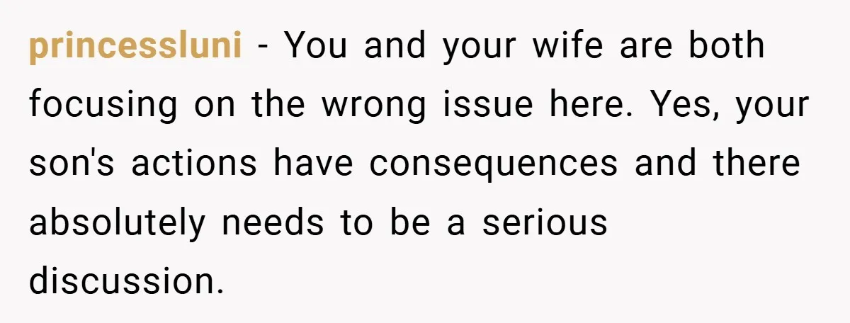princessluni − You and your wife are both focusing on the wrong issue here. Yes, your son's actions have consequences and there absolutely needs to be a serious discussion.