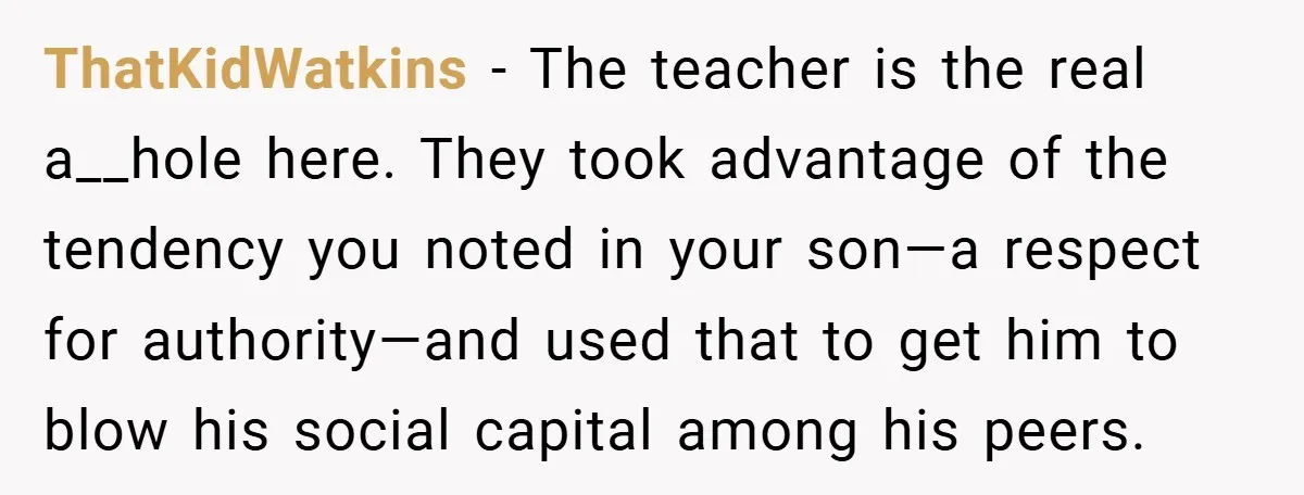 ThatKidWatkins − The teacher is the real a__hole here. They took advantage of the tendency you noted in your son—a respect for authority—and used that to get him to blow...