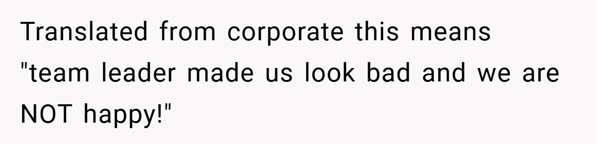 Translated from corporate this means "team leader made us look bad and we are NOT happy!"