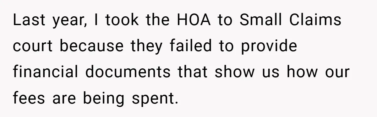 Last year, I took the HOA to Small Claims court because they failed to provide financial documents that show us how our fees are being spent.