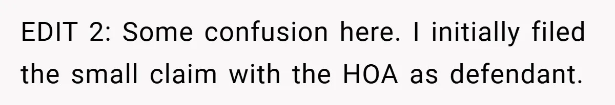 EDIT 2: Some confusion here. I initially filed the small claim with the HOA as defendant.