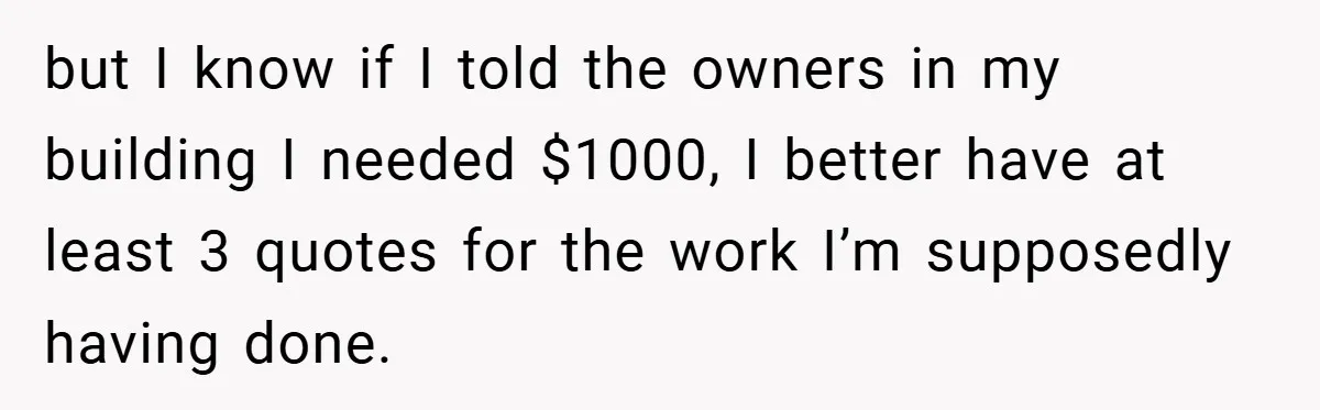 but I know if I told the owners in my building I needed $1000, I better have at least 3 quotes for the work I’m supposedly having done.