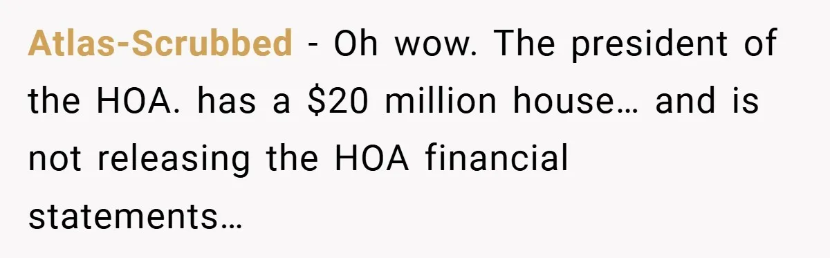 Atlas-Scrubbed − Oh wow. The president of the HOA. has a $20 million house… and is not releasing the HOA financial statements…