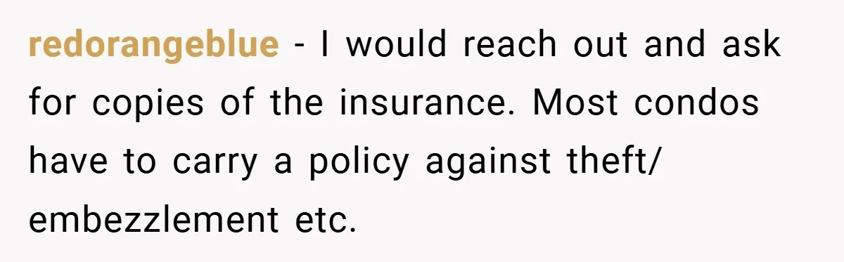 redorangeblue − I would reach out and ask for copies of the insurance. Most condos have to carry a policy against theft/ embezzlement etc.