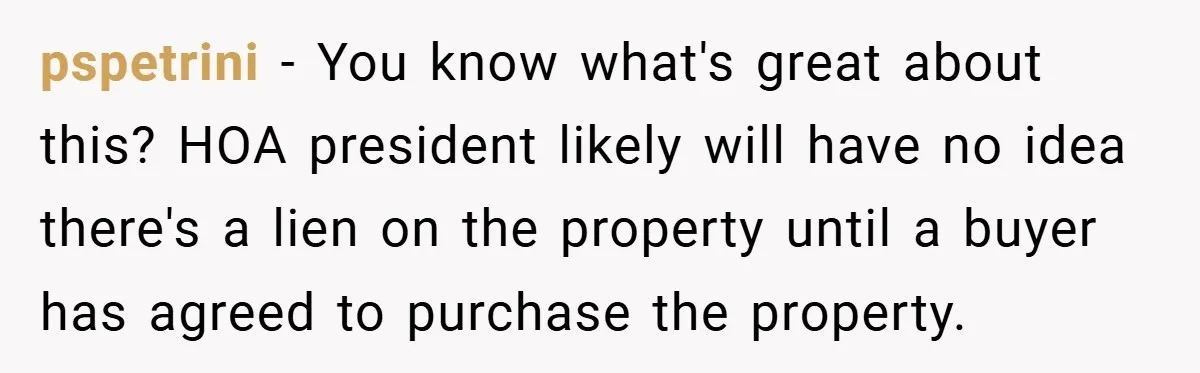 pspetrini − You know what's great about this? HOA president likely will have no idea there's a lien on the property until a buyer has agreed to purchase the property.