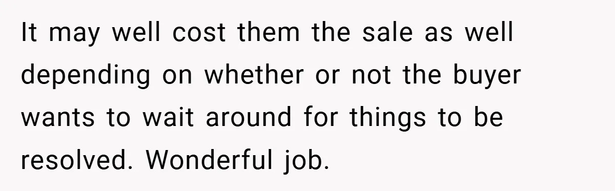 It may well cost them the sale as well depending on whether or not the buyer wants to wait around for things to be resolved. Wonderful job.