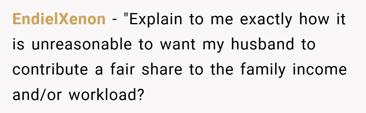 This Wife Refuses to Get a Second Job While Her Unemployed Husband Sits at Home - Family Calls Her Heartless! EndielXenon − "Explain to me exactly how it is unreasonable to want my husband to contribute a fair share to the family income and/or workload?