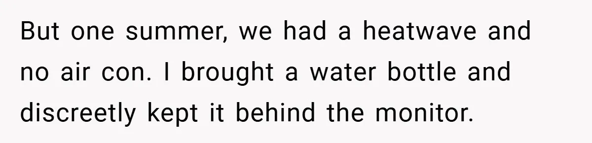 But one summer, we had a heatwave and no air con. I brought a water bottle and discreetly kept it behind the monitor.
