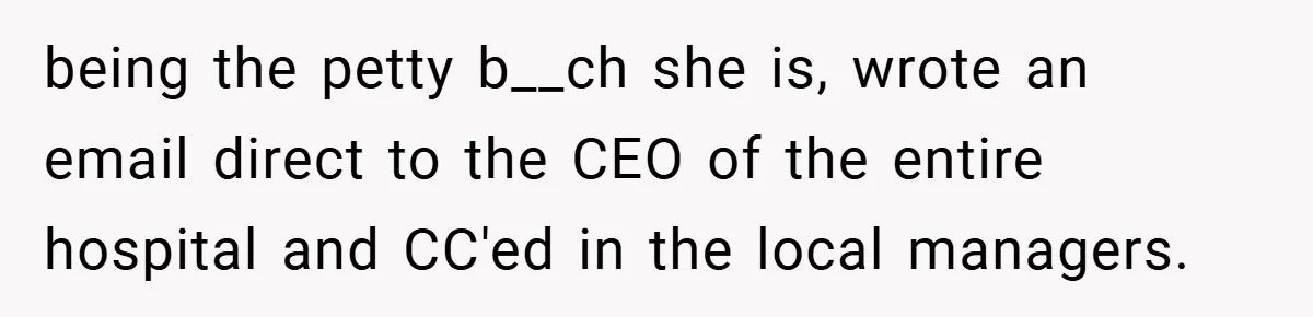 being the petty b__ch she is, wrote an email direct to the CEO of the entire hospital and CC'ed in the local managers.