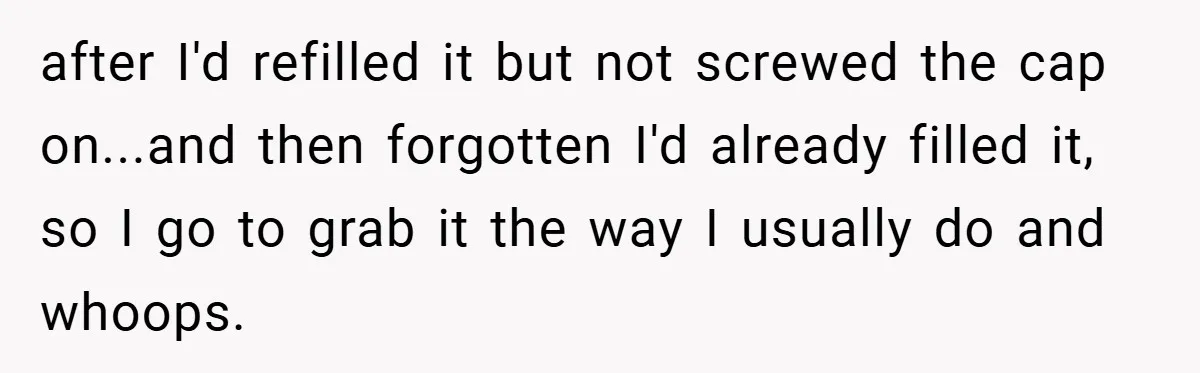 after I'd refilled it but not screwed the cap on...and then forgotten I'd already filled it, so I go to grab it the way I usually do and whoops.