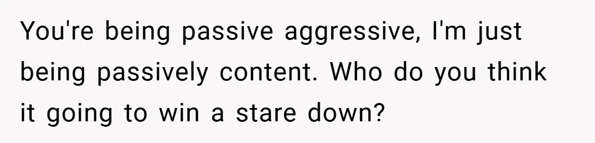 You're being passive aggressive, I'm just being passively content. Who do you think it going to win a stare down?
