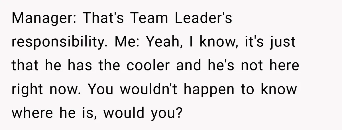 Manager: That's Team Leader's responsibility. Me: Yeah, I know, it's just that he has the cooler and he's not here right now. You wouldn't happen to know where he is,...