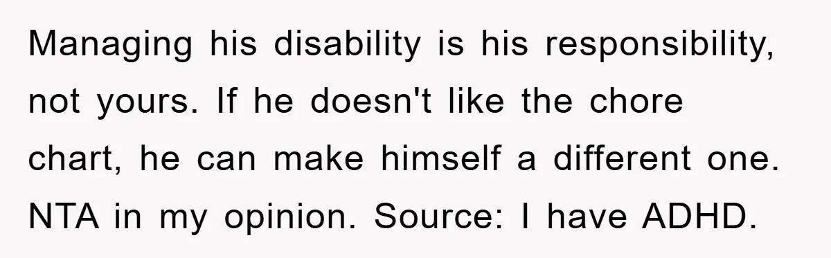 ADHD Or Excuses? Woman Creates A Chore Chart For Her Boyfriend And Reddit Has Thoughts Managing his disability is his responsibility, not yours. If he doesn't like the chore chart, he can make himself a different one. NTA in my opinion. Source: I have ADHD.