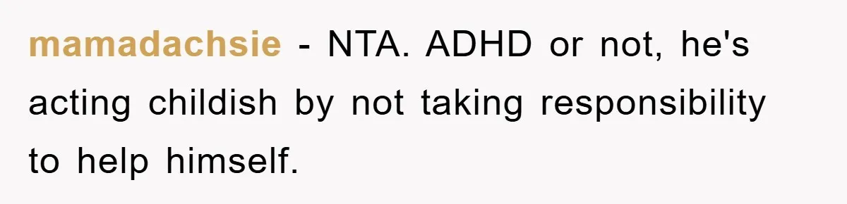 ADHD Or Excuses? Woman Creates A Chore Chart For Her Boyfriend And Reddit Has Thoughts mamadachsie − NTA. ADHD or not, he's acting childish by not taking responsibility to help himself.